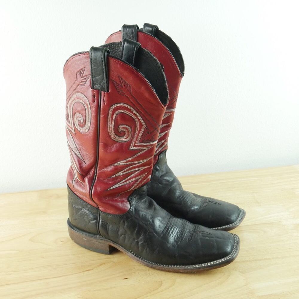 Justin Bent Rail Western Boots 10 D Red Black Wildebeest Leather FOR REPAIR USA
